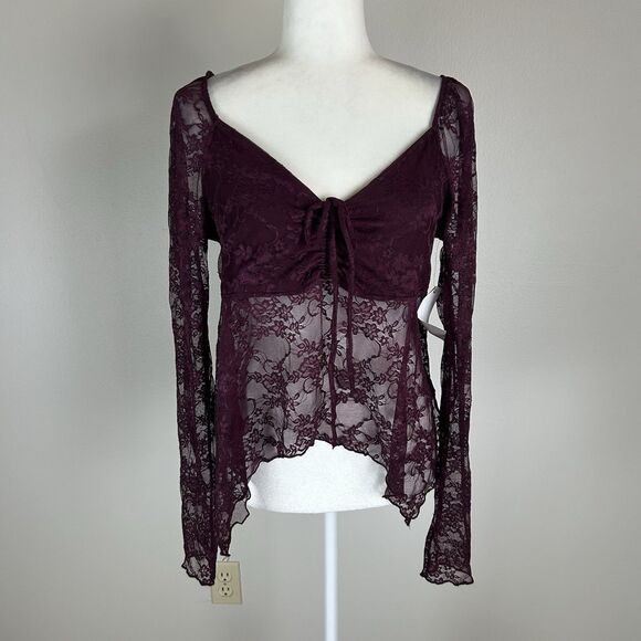 Source Unknown Tops - XL Burgundy Lace Top Flare Sleeve Witchy Renaissance Fairy Dark Asymmetrical Hem
